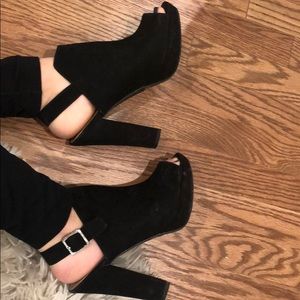 Black suede open toe booties